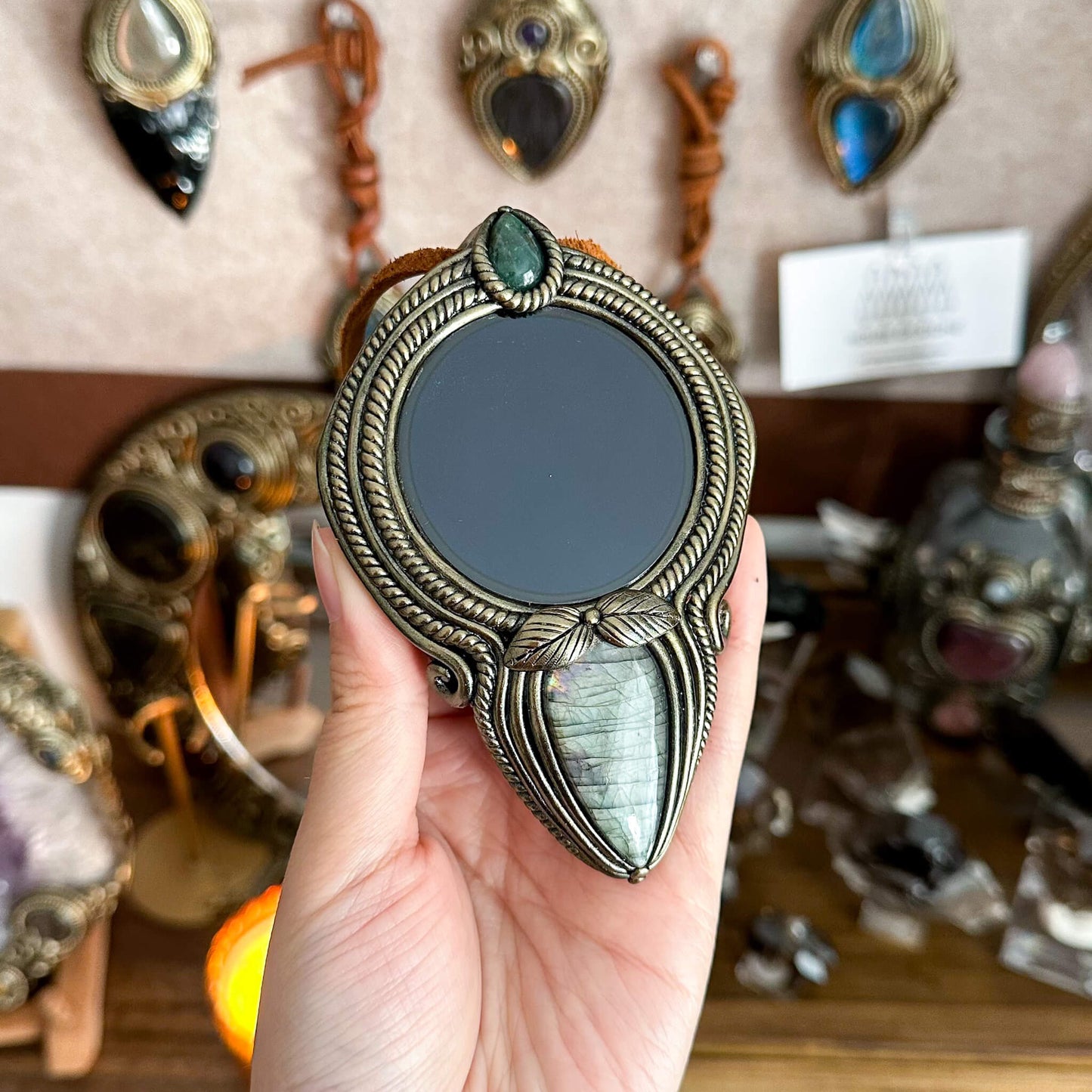 Handmade Natural Black Obsidian Pendant Necklace/Magic Obsidian Mirror Crystal Pendant/Scrying Mirror Labradorite Jewelry/Altar Tool