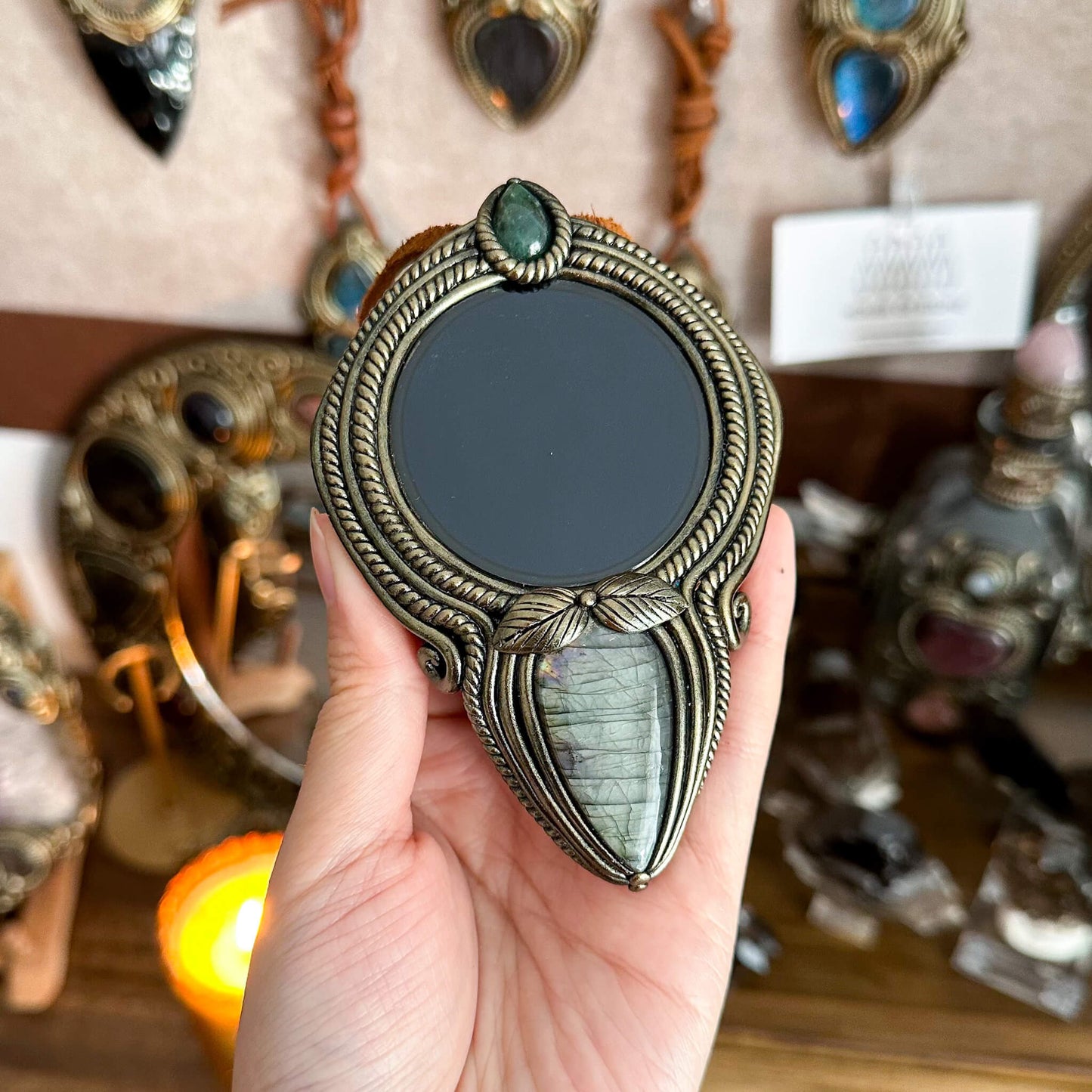 Handmade Natural Black Obsidian Pendant Necklace/Magic Obsidian Mirror Crystal Pendant/Scrying Mirror Labradorite Jewelry/Altar Tool
