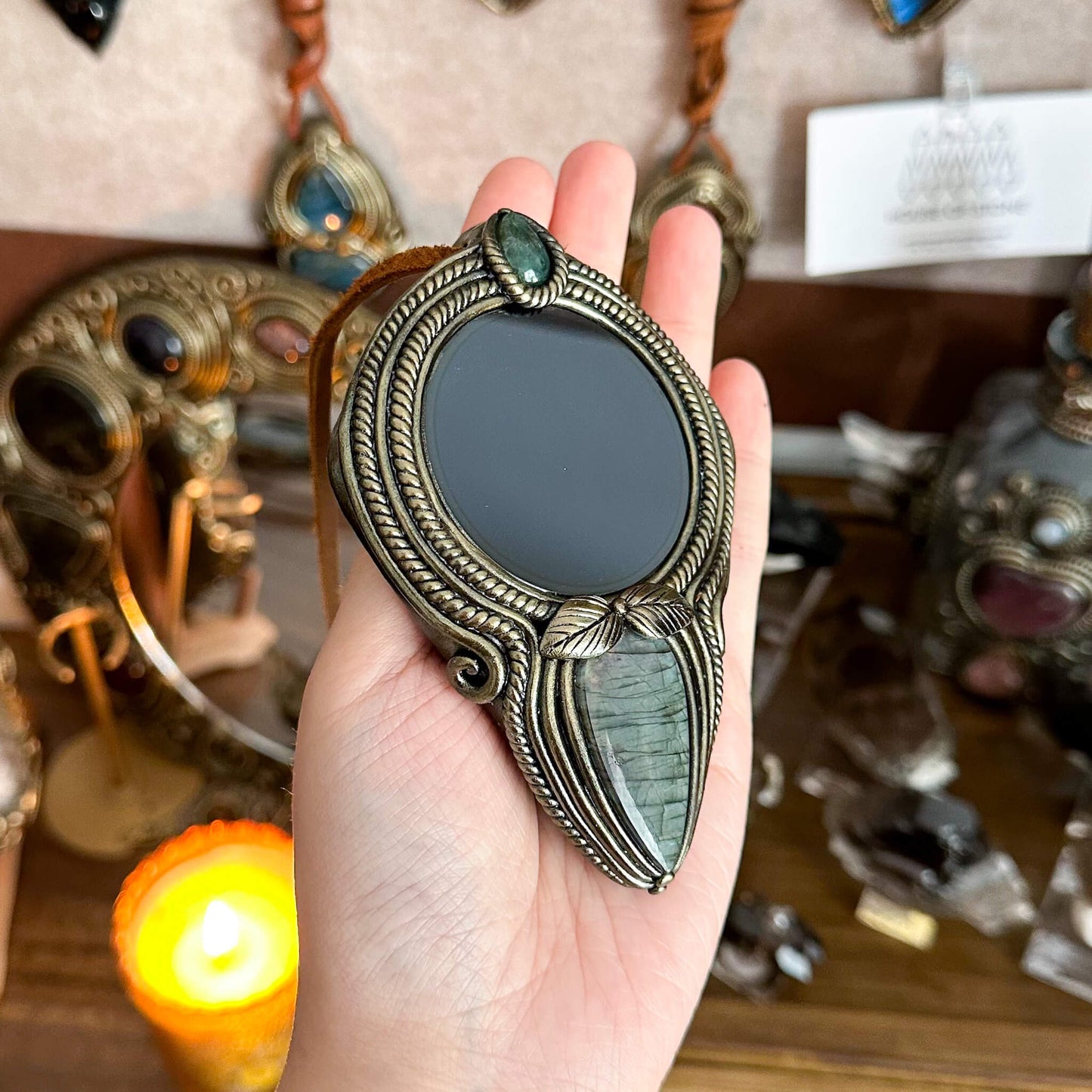 Handmade Natural Black Obsidian Pendant Necklace/Magic Obsidian Mirror Crystal Pendant/Scrying Mirror Labradorite Jewelry/Altar Tool