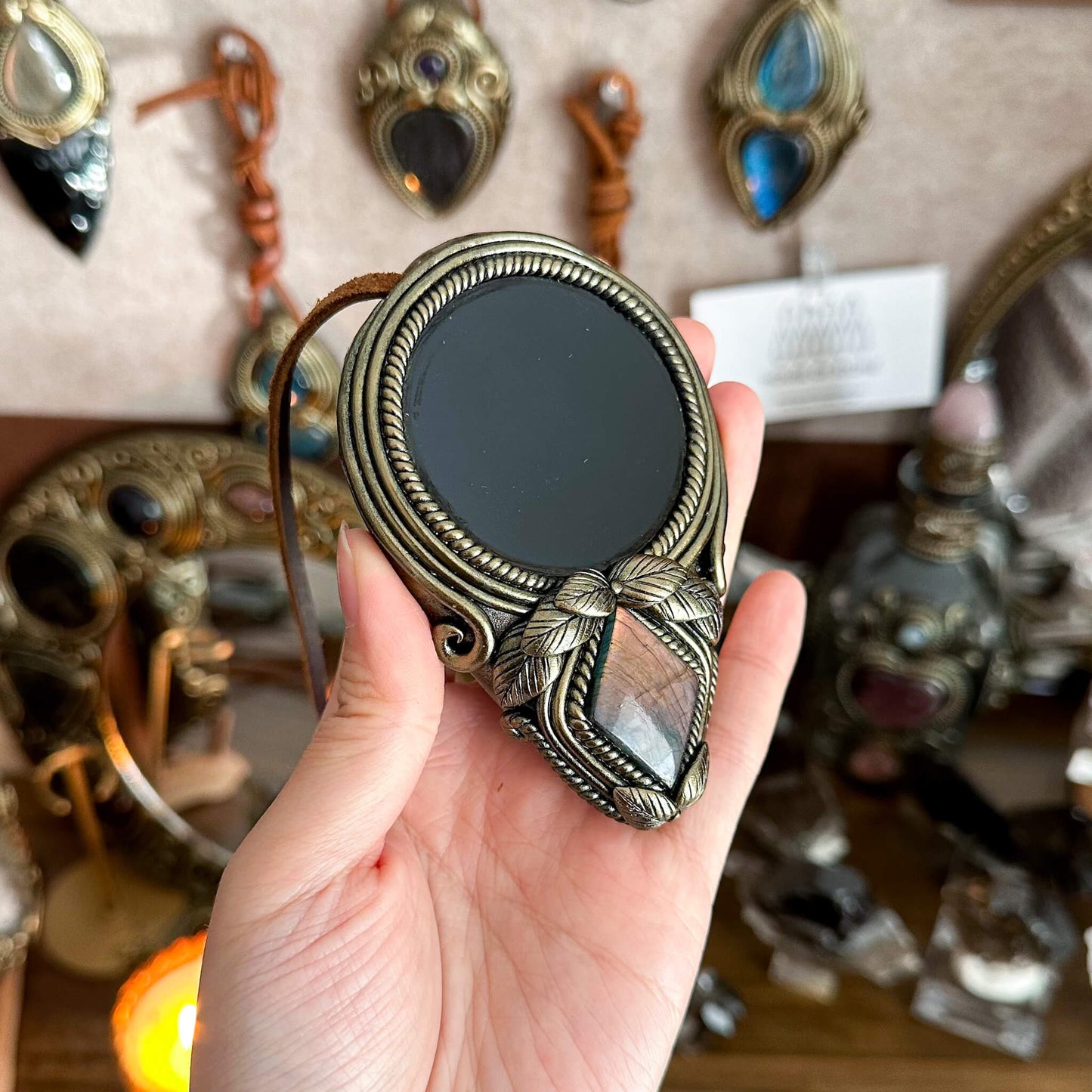 Handmade Natural Black Obsidian Pendant Necklace/Magic Obsidian Mirror Crystal Pendant/Scrying Mirror Labradorite Jewelry/Altar Tool