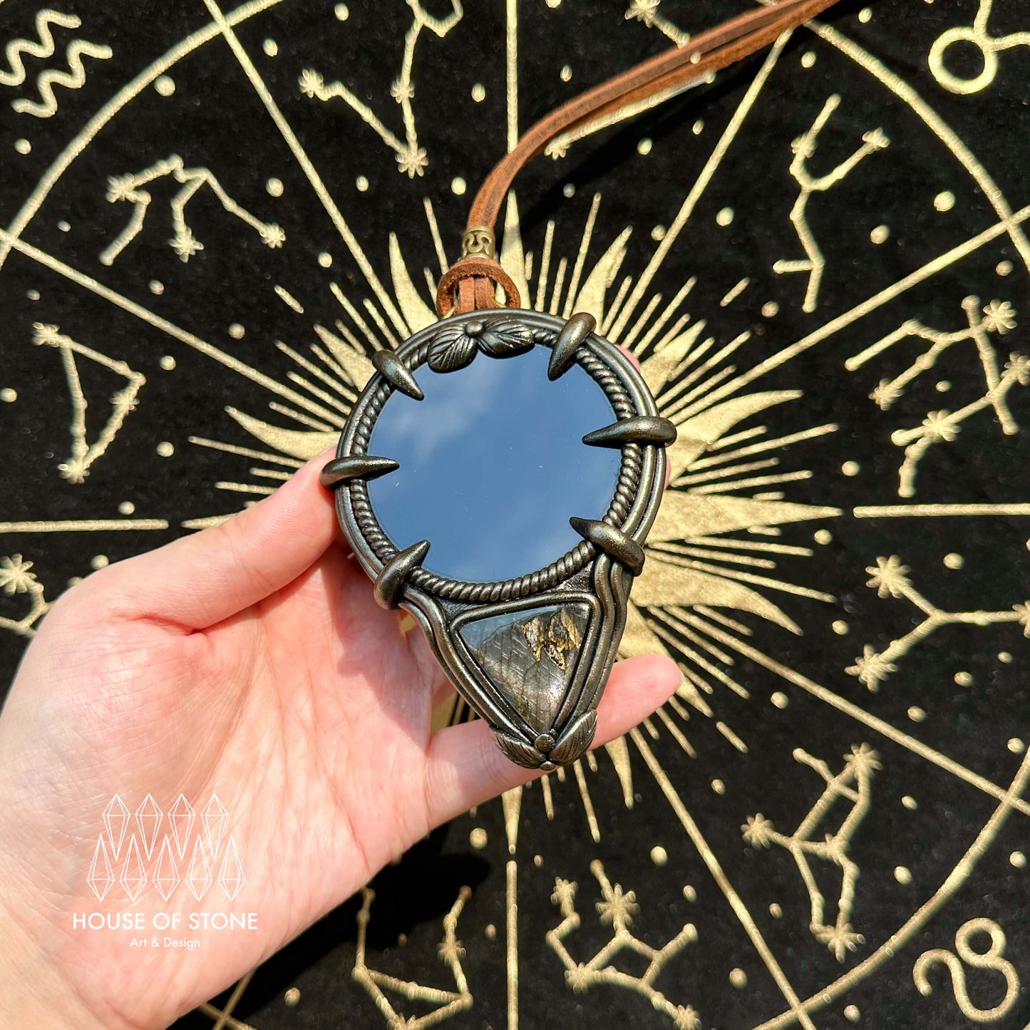 Handmade Natural Black Obsidian Pendant Necklace/Magic Obsidian Mirror Crystal Pendant/Scrying Mirror Talisman Protection Jewelry/Altar Tool