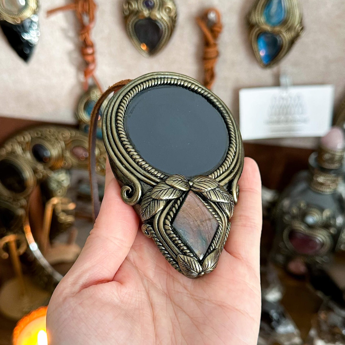 Handmade Natural Black Obsidian Pendant Necklace/Magic Obsidian Mirror Crystal Pendant/Scrying Mirror Labradorite Jewelry/Altar Tool