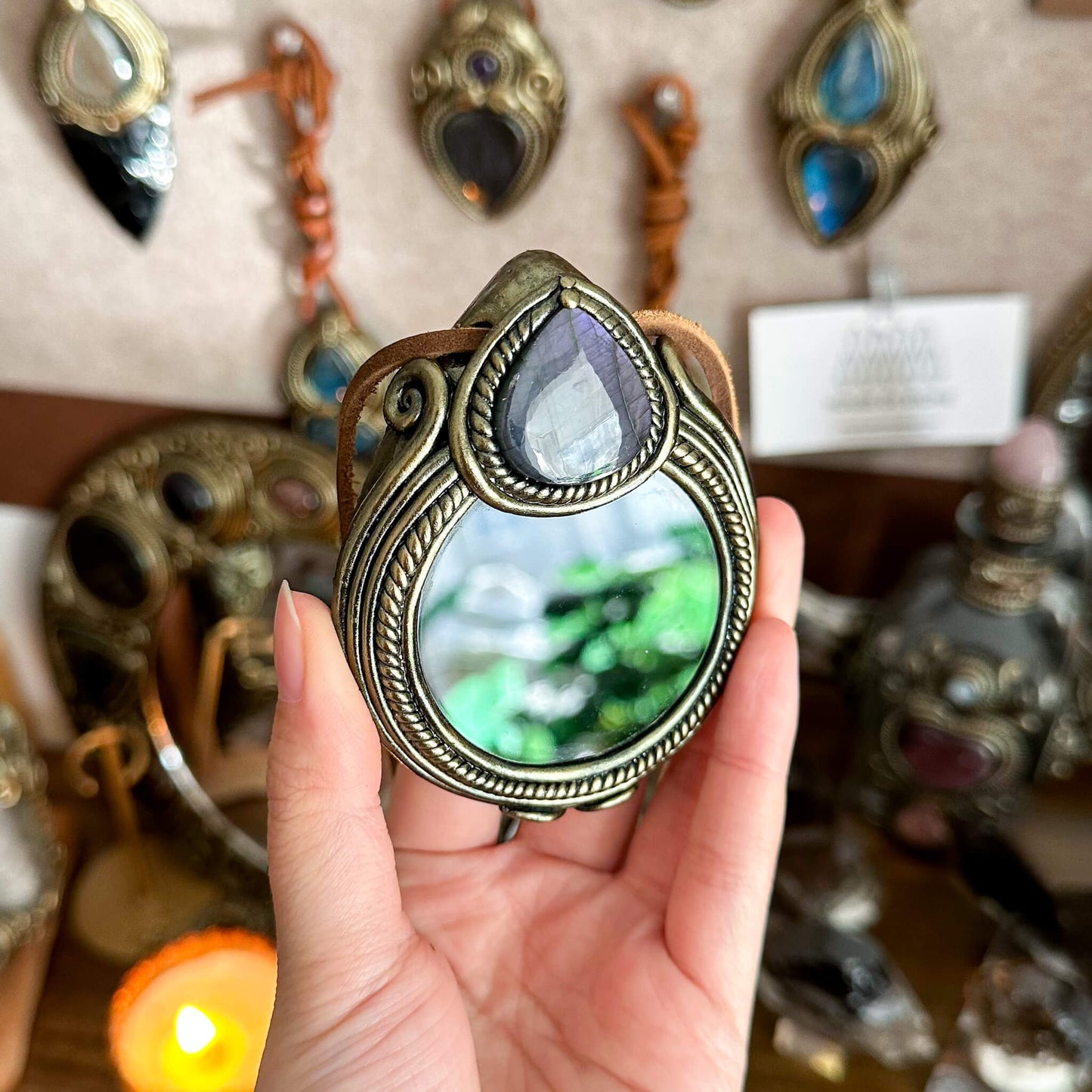 Handmade Natural Black Obsidian Pendant Necklace/Magic Obsidian Mirror Crystal Pendant/Scrying Mirror Labradorite Jewelry/Altar Tool