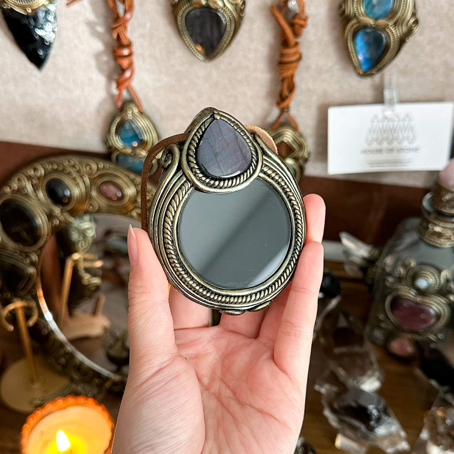 Handmade Natural Black Obsidian Pendant Necklace/Magic Obsidian Mirror Crystal Pendant/Scrying Mirror Labradorite Jewelry/Altar Tool