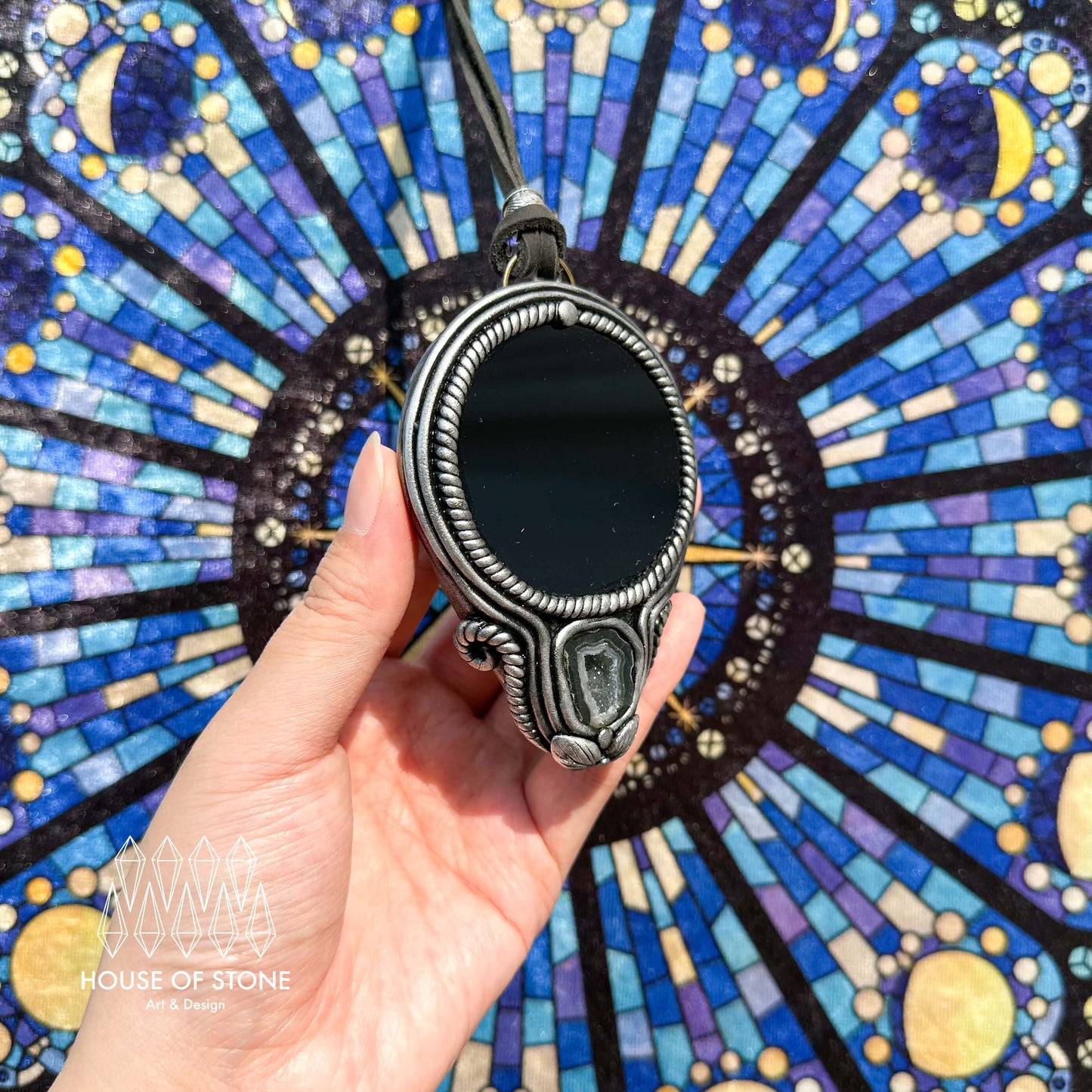 Handmade Natural Black Obsidian Pendant Necklace/Magic Obsidian Mirror Crystal Pendant/Scrying Mirror Talisman Protection Jewelry/Altar Tool