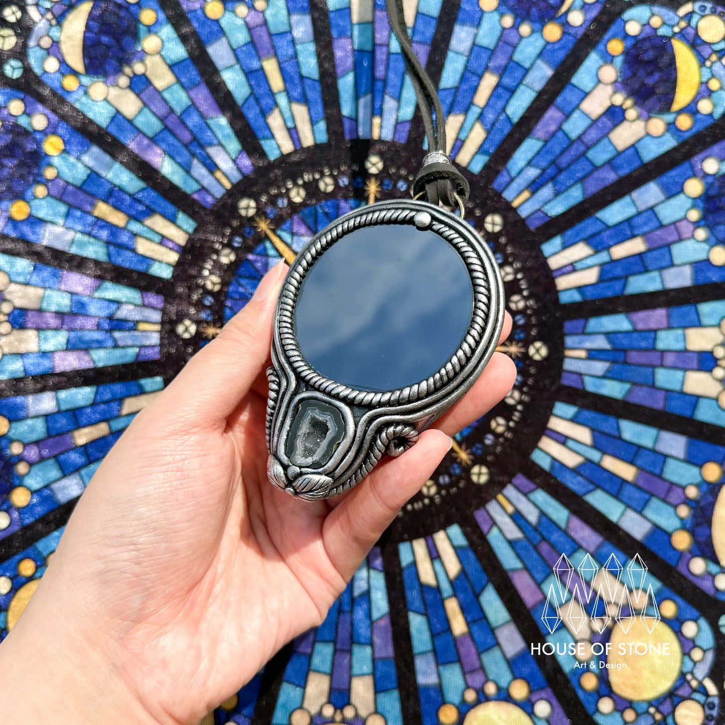 Handmade Natural Black Obsidian Pendant Necklace/Magic Obsidian Mirror Crystal Pendant/Scrying Mirror Talisman Protection Jewelry/Altar Tool