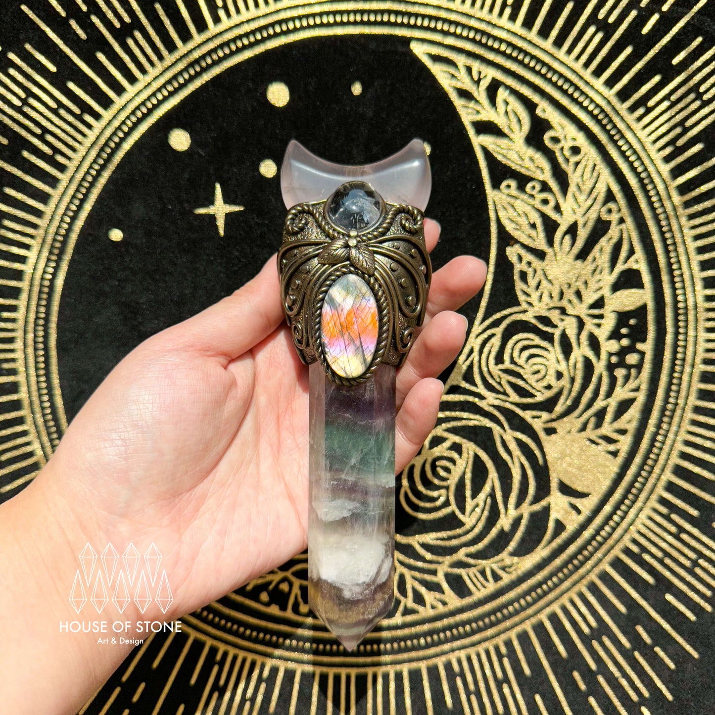 Natural Handmade Rainbow Fluorite Wand/Magic Fluorite Witch Crystal Wand/Labradorite Wand/Chakra/Manifest Altar Tool