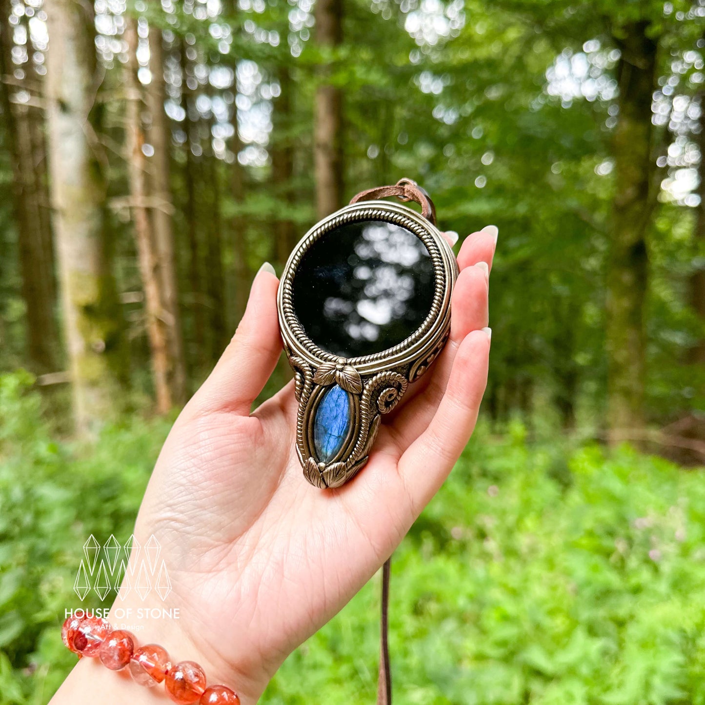 Natural Handmade Black Obsidian Pendant Necklace/Magic Obsidian Mirror Crystal Pendant/Scrying Mirror Tigers Eye Jasper Jewelry/Altar Tool