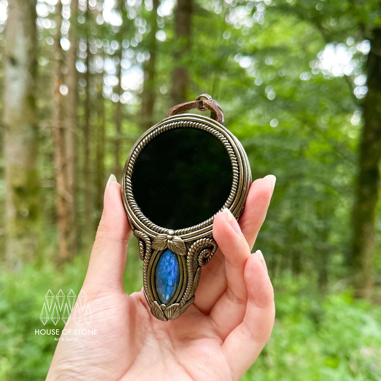 Natural Handmade Black Obsidian Pendant Necklace/Magic Obsidian Mirror Crystal Pendant/Scrying Mirror Tigers Eye Jasper Jewelry/Altar Tool