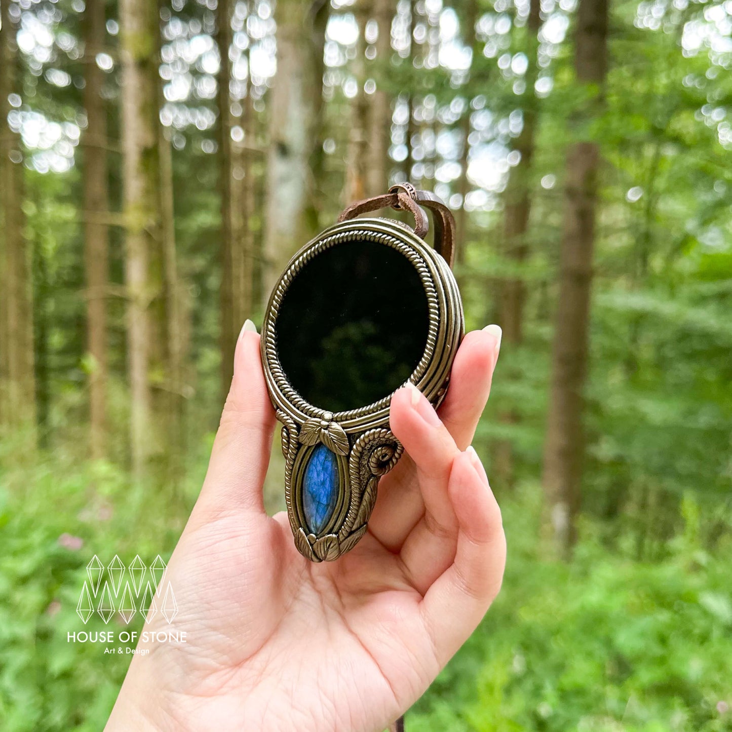 Natural Handmade Black Obsidian Pendant Necklace/Magic Obsidian Mirror Crystal Pendant/Scrying Mirror Tigers Eye Jasper Jewelry/Altar Tool