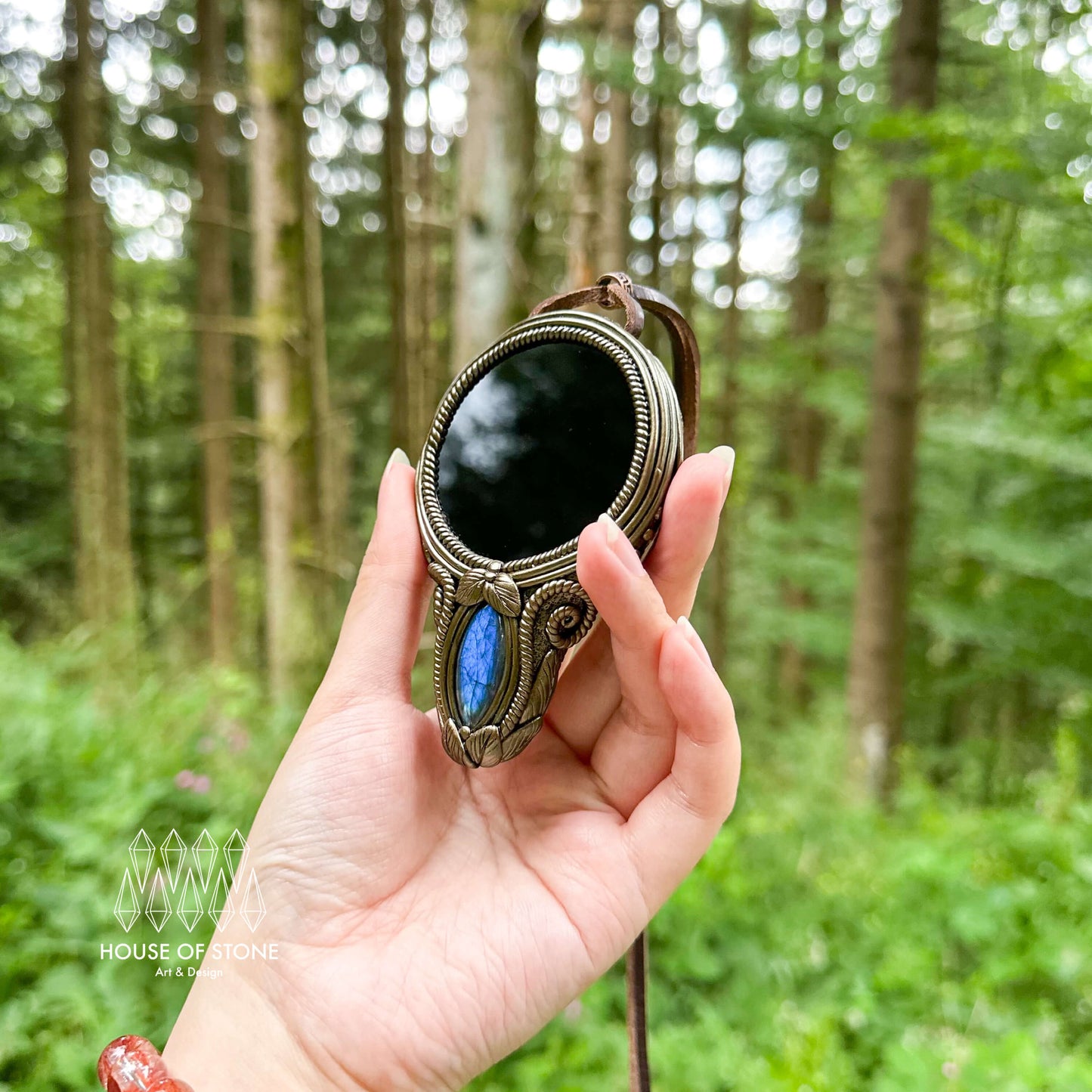 Natural Handmade Black Obsidian Pendant Necklace/Magic Obsidian Mirror Crystal Pendant/Scrying Mirror Tigers Eye Jasper Jewelry/Altar Tool