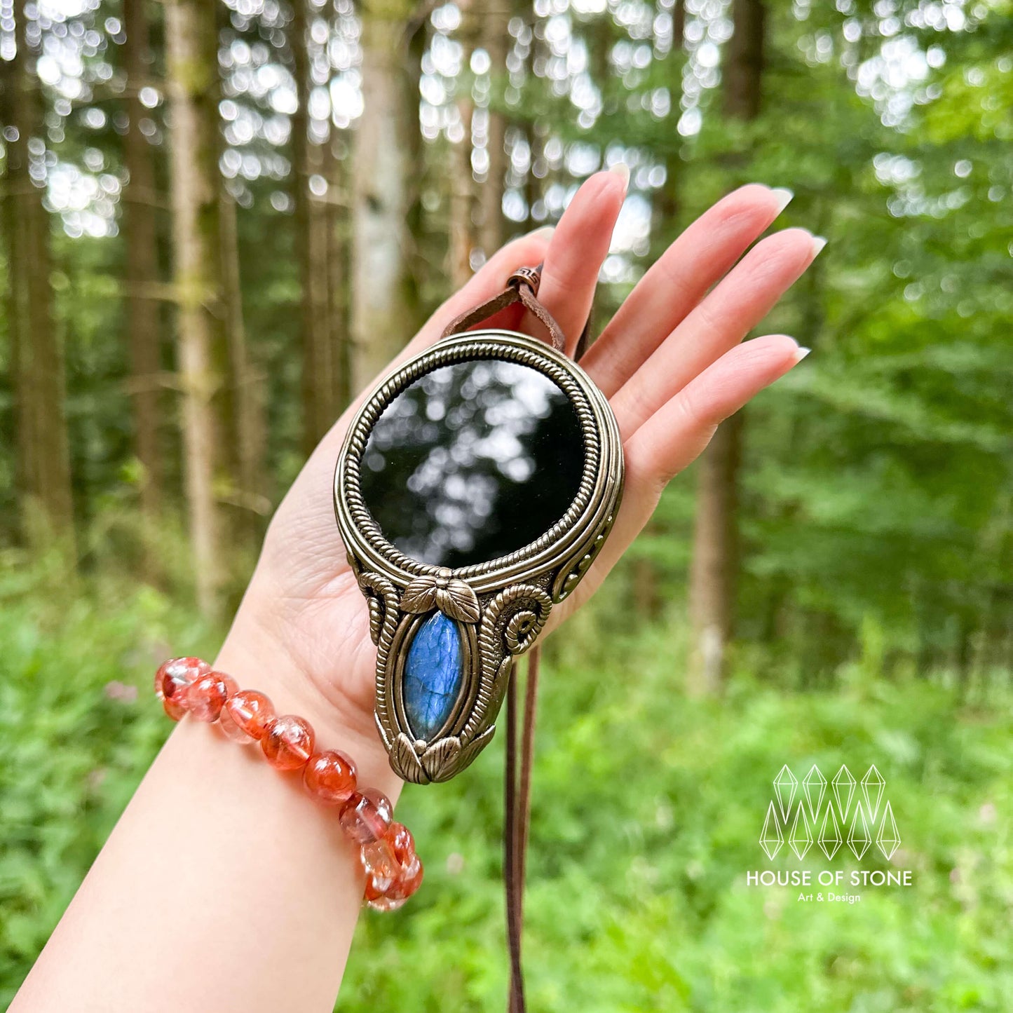 Natural Handmade Black Obsidian Pendant Necklace/Magic Obsidian Mirror Crystal Pendant/Scrying Mirror Tigers Eye Jasper Jewelry/Altar Tool