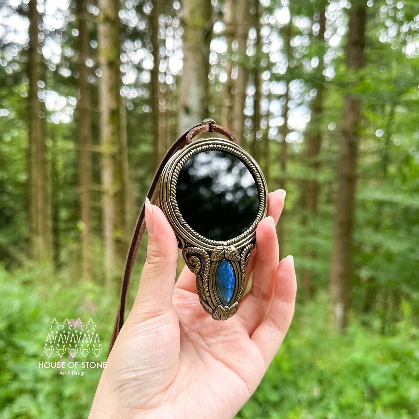 Natural Handmade Black Obsidian Pendant Necklace/Magic Obsidian Mirror Crystal Pendant/Scrying Mirror Tigers Eye Jasper Jewelry/Altar Tool