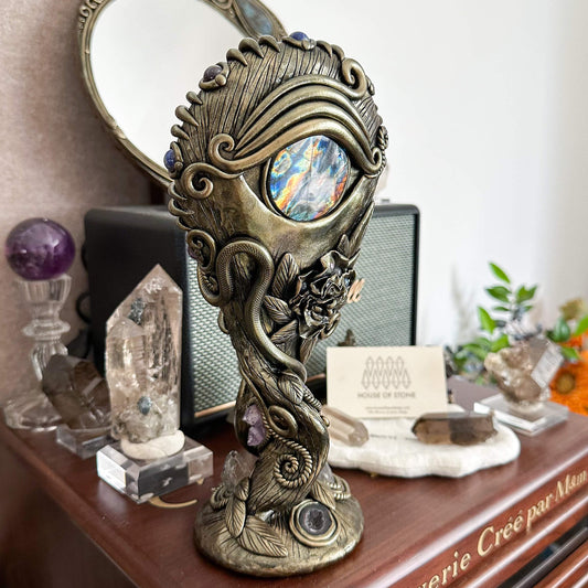 Handmade Natural Black Obsidian Mirror/Magic Obsidian Witch/Crystal Quartz with Base/Scrying Mirror/Root Chakra/Manifest Altar Tool