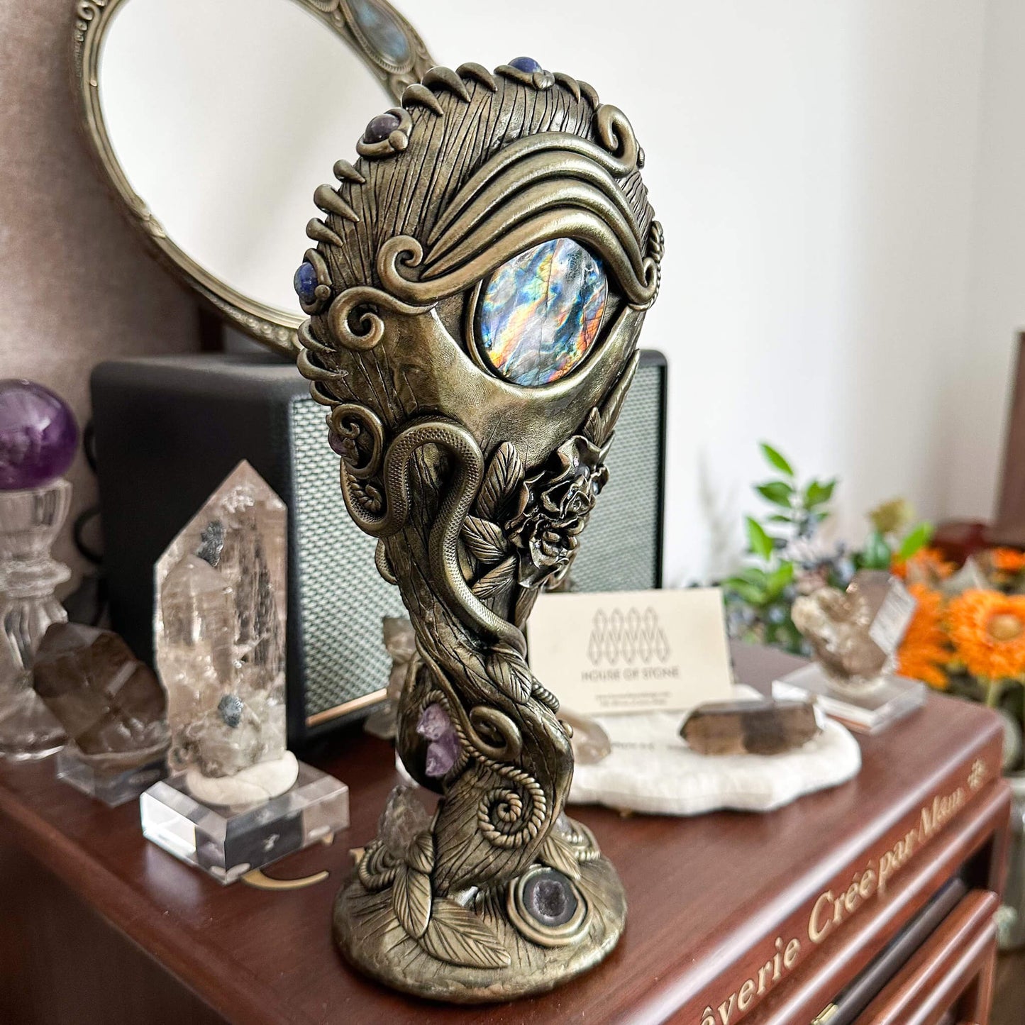 Handmade Natural Black Obsidian Mirror/Magic Obsidian Witch/Crystal Quartz with Base/Scrying Mirror/Root Chakra/Manifest Altar Tool