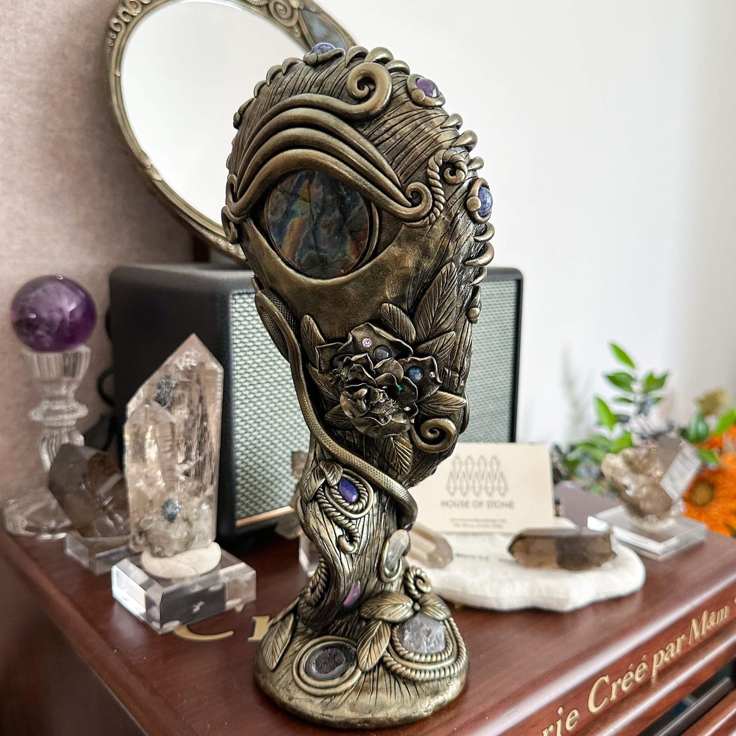 Handmade Natural Black Obsidian Mirror/Magic Obsidian Witch/Crystal Quartz with Base/Scrying Mirror/Root Chakra/Manifest Altar Tool