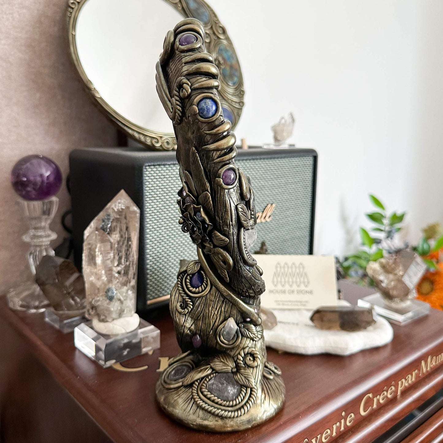 Handmade Natural Black Obsidian Mirror/Magic Obsidian Witch/Crystal Quartz with Base/Scrying Mirror/Root Chakra/Manifest Altar Tool