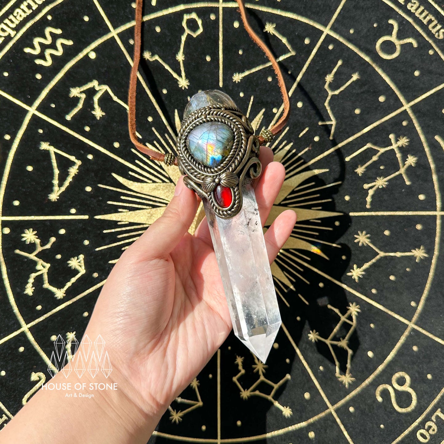 Natural Handmade Clear Quartz Pendant Necklace/Magic Clear Quartz Crystal Double-sided Pendant/Labradorite Jewelry/Chakra/Altar Tool