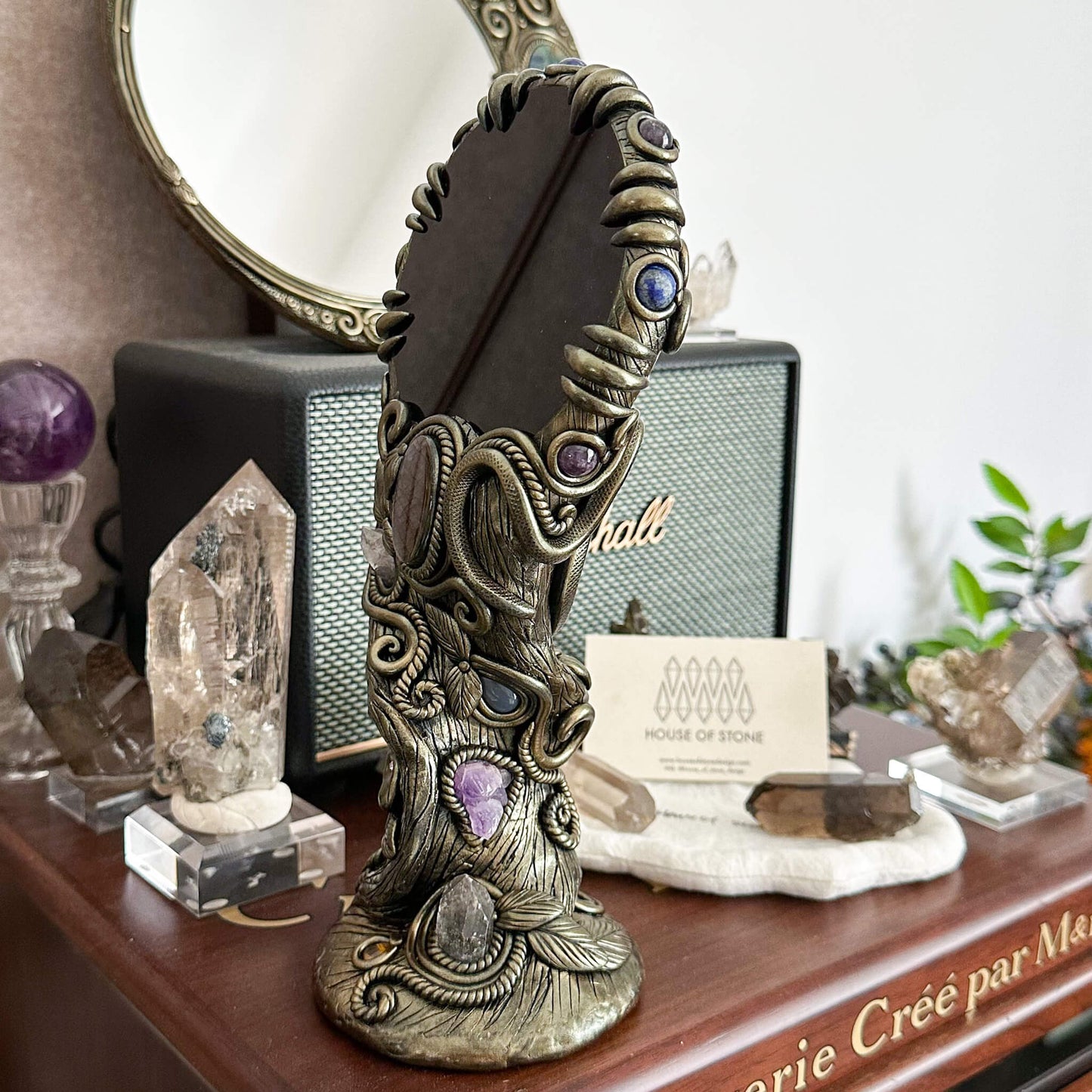 Handmade Natural Black Obsidian Mirror/Magic Obsidian Witch/Crystal Quartz with Base/Scrying Mirror/Root Chakra/Manifest Altar Tool