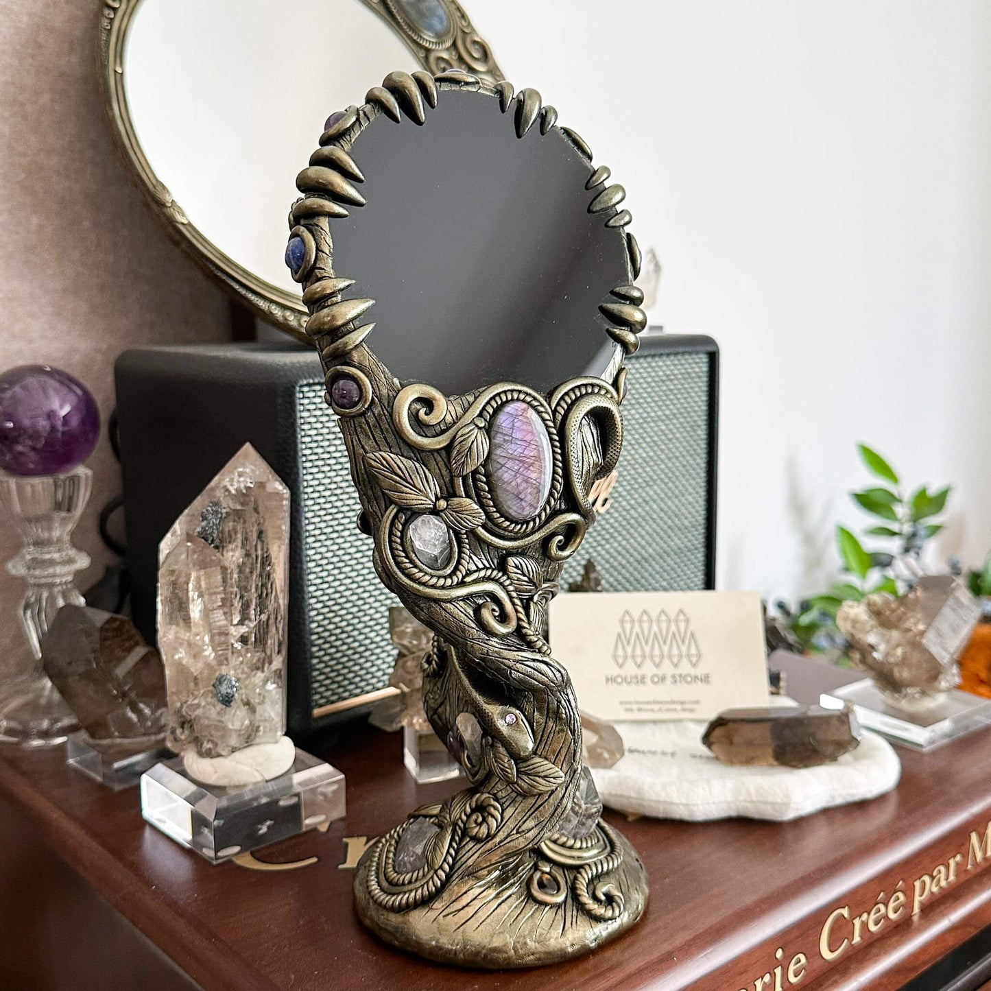 Handmade Natural Black Obsidian Mirror/Magic Obsidian Witch/Crystal Quartz with Base/Scrying Mirror/Root Chakra/Manifest Altar Tool