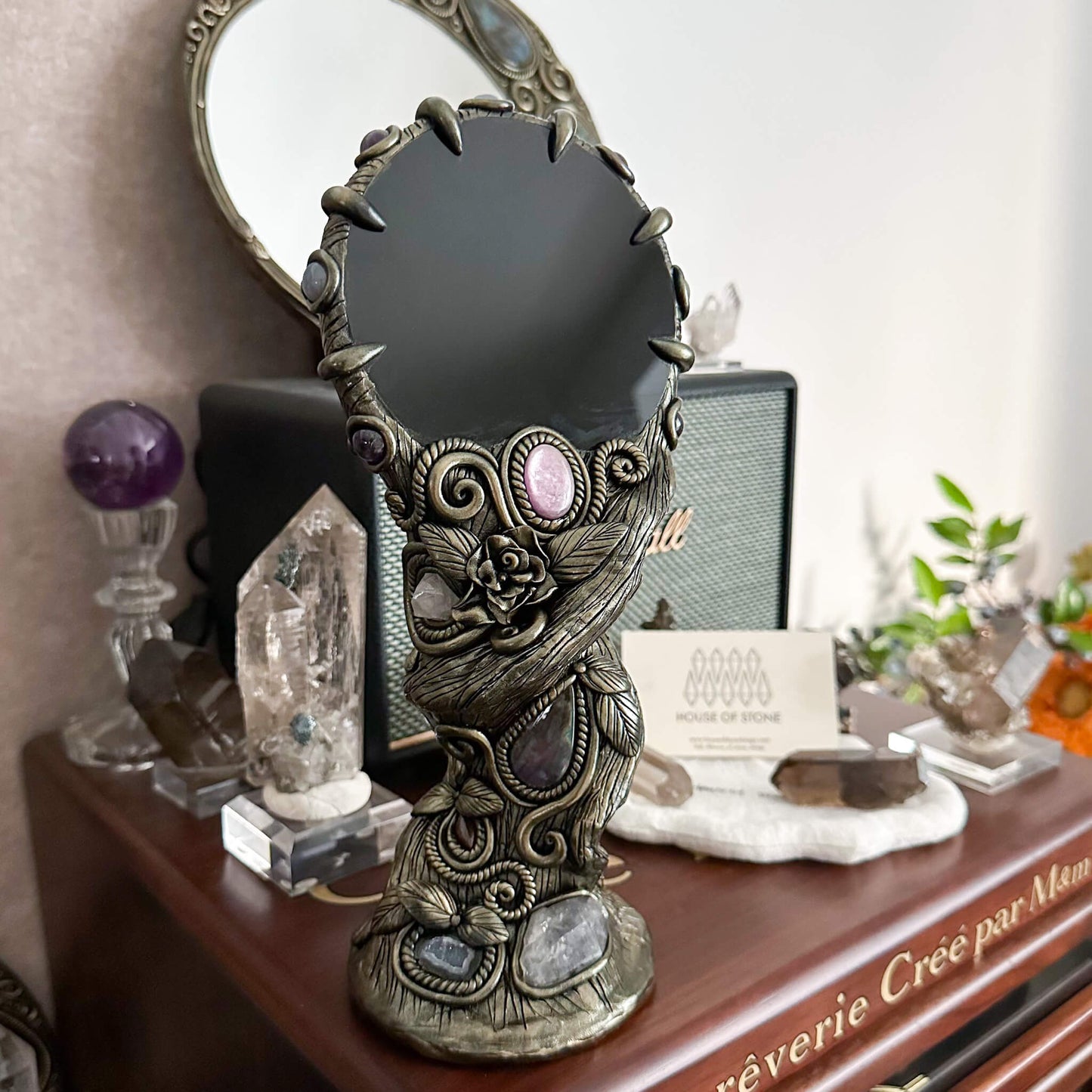 Handmade Natural Black Obsidian Mirror/Magic Obsidian Witch/Crystal Quartz with Base/Scrying Mirror/Root Chakra/Manifest Altar Tool