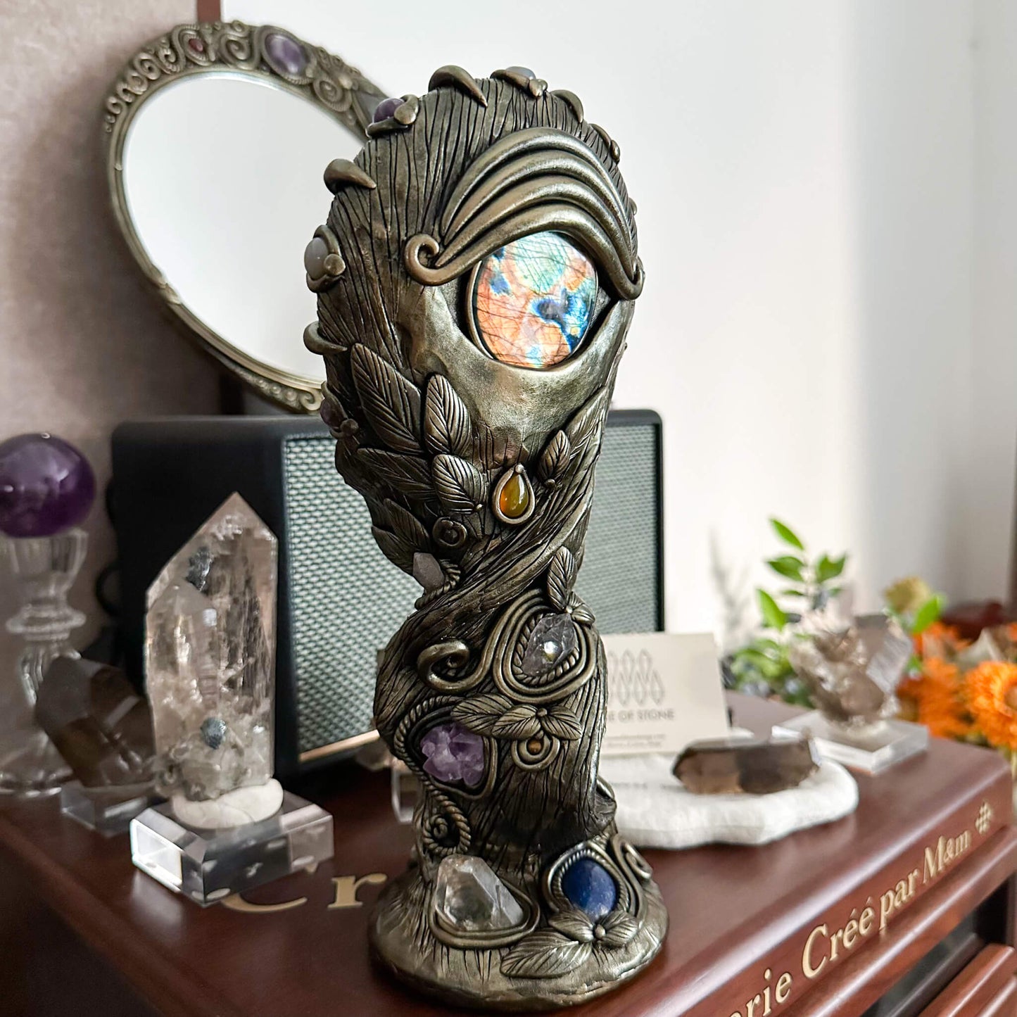 Handmade Natural Black Obsidian Mirror/Magic Obsidian Witch/Crystal Quartz with Base/Scrying Mirror/Root Chakra/Manifest Altar Tool