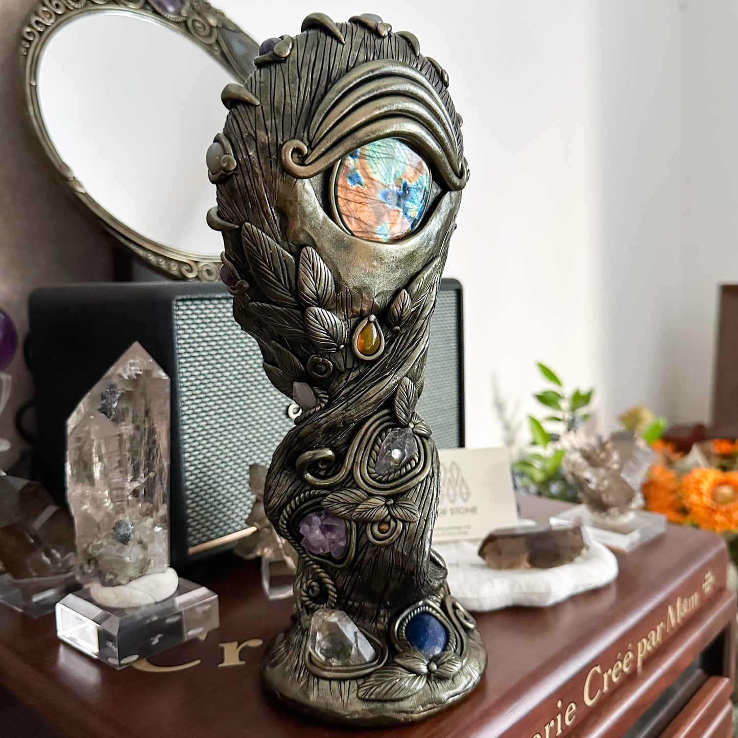Handmade Natural Black Obsidian Mirror/Magic Obsidian Witch/Crystal Quartz with Base/Scrying Mirror/Root Chakra/Manifest Altar Tool