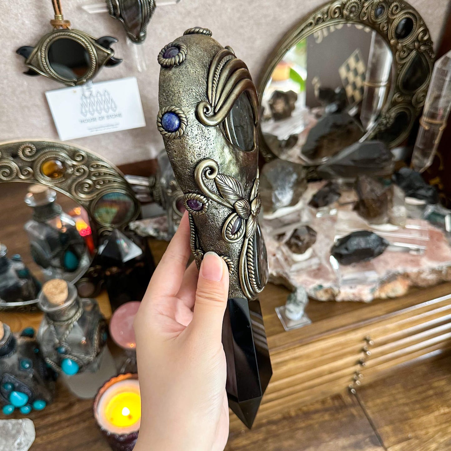 Handmade Natural Black Obsidian Mirror/Magic Obsidian Witch Wand/Crystal Quartz Wand/Scrying Mirror Wand/Root Chakra/Manifest Altar Tool