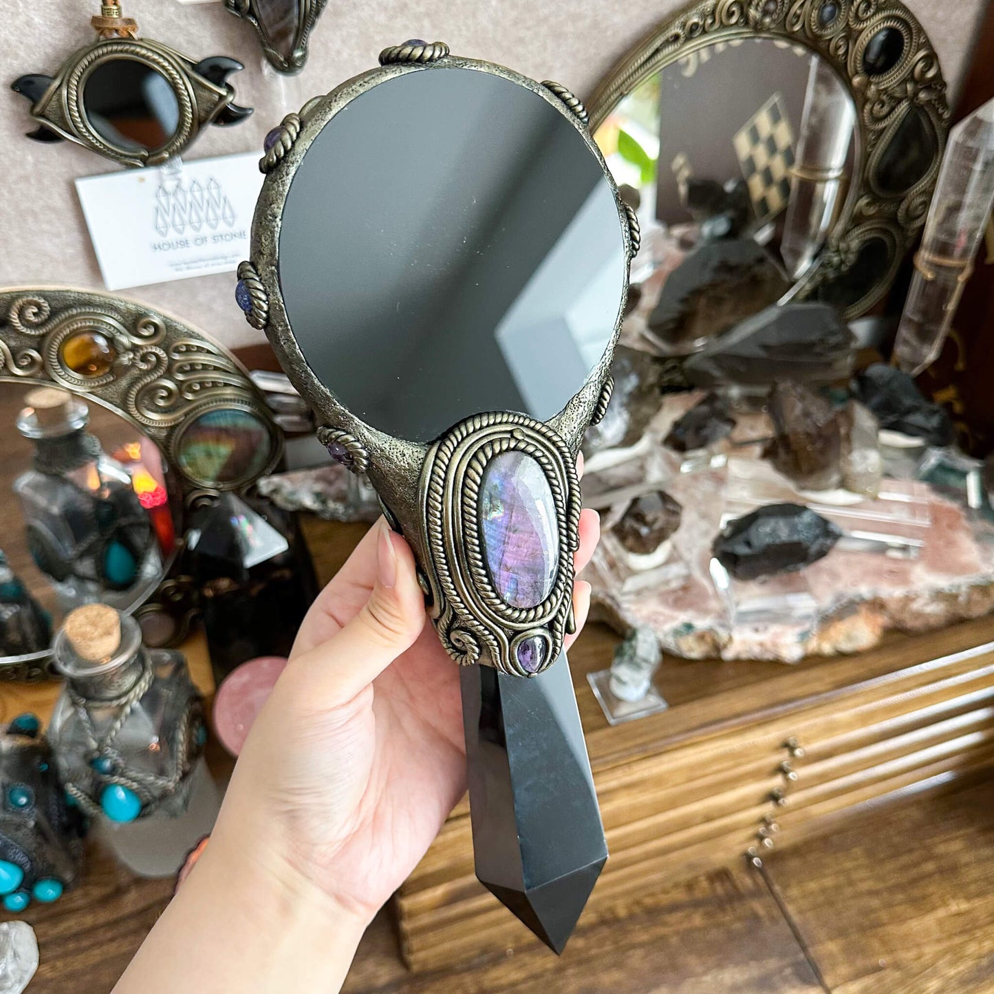 Handmade Natural Black Obsidian Mirror/Magic Obsidian Witch Wand/Crystal Quartz Wand/Scrying Mirror Wand/Root Chakra/Manifest Altar Tool