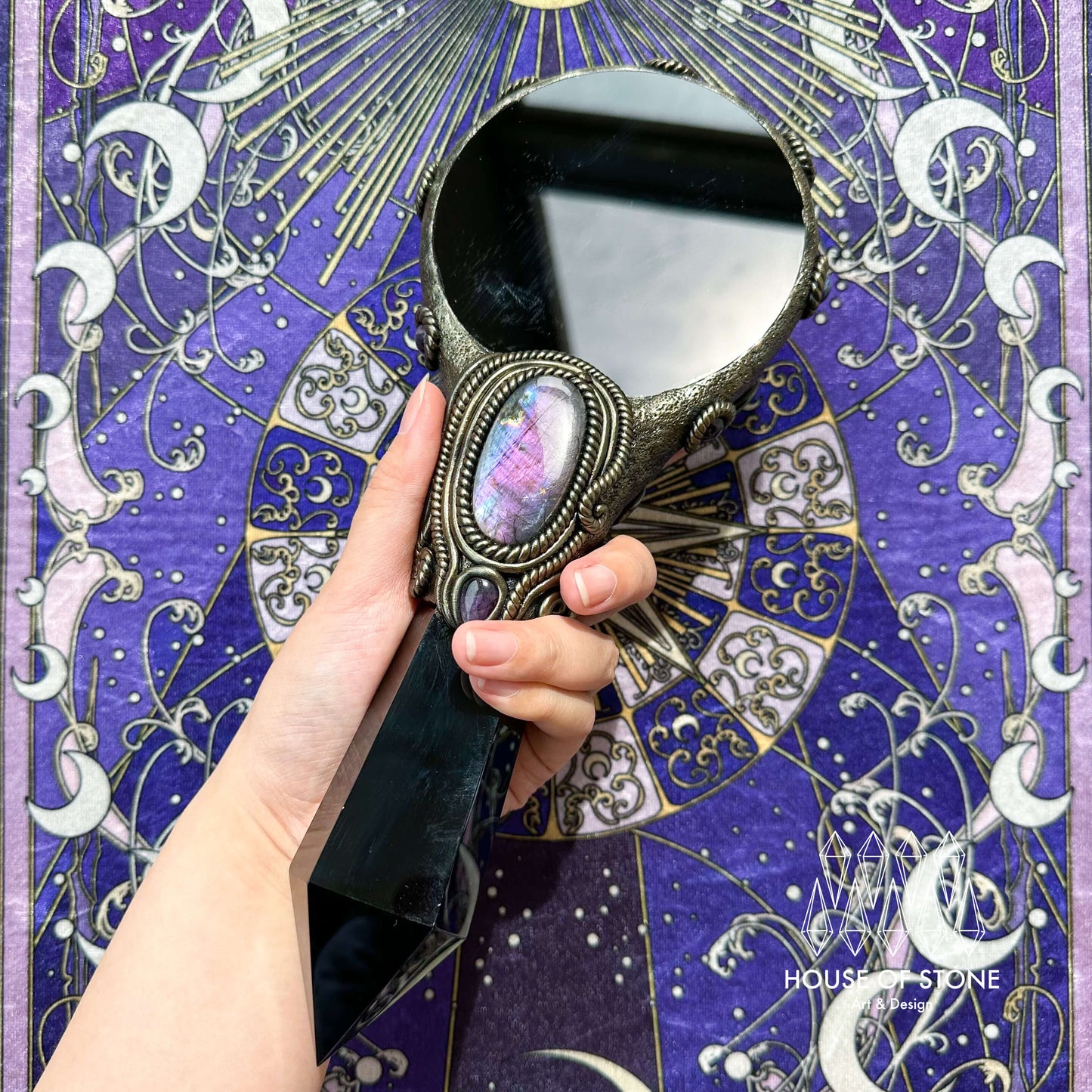 Handmade Natural Black Obsidian Mirror/Magic Obsidian Witch Wand/Crystal Quartz Wand/Scrying Mirror Wand/Root Chakra/Manifest Altar Tool