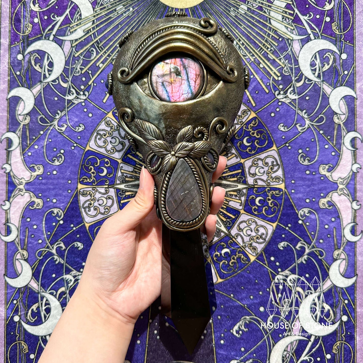 Handmade Natural Black Obsidian Mirror/Magic Obsidian Witch Wand/Crystal Quartz Wand/Scrying Mirror Wand/Root Chakra/Manifest Altar Tool