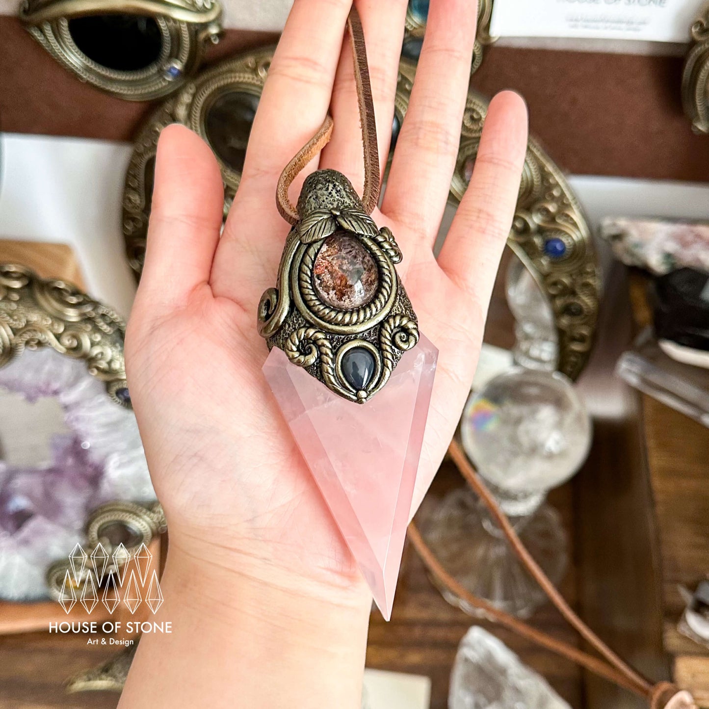 Handmade Natural Rose Quartz Pendant Necklace/Magic Rose Quartz Crystal Protection Pendant/Garden Quartz Jewelry/Chakra/Altar Tool