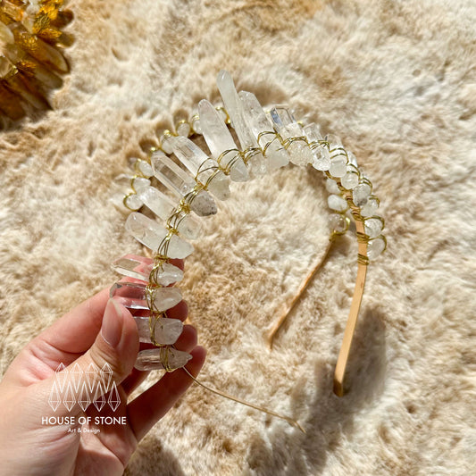 Natural Crystal Quartz Crown/Clear Quartz Gold Wire Crown/Tiara Healing Hair Comb/Wedding Bride Jewelry Headband Gift