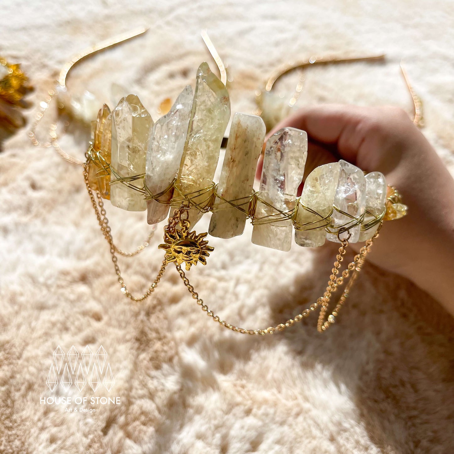 Natural Crystal Citrine Quartz Crown/Citrine Chips Festival Healing Tiara/Witch Crystal Chain Crown/Wedding Bride Jewelry Headband Gift