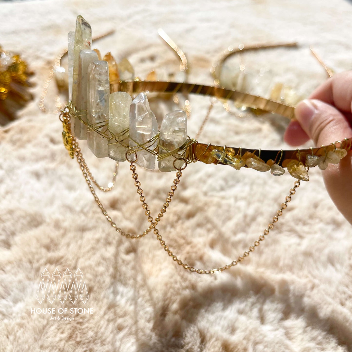 Natural Crystal Citrine Quartz Crown/Citrine Chips Festival Healing Tiara/Witch Crystal Chain Crown/Wedding Bride Jewelry Headband Gift