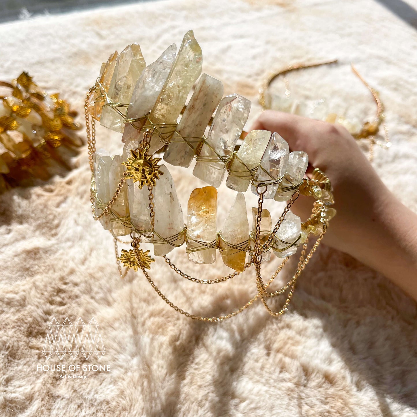 Natural Crystal Citrine Quartz Crown/Citrine Chips Festival Healing Tiara/Witch Crystal Chain Crown/Wedding Bride Jewelry Headband Gift