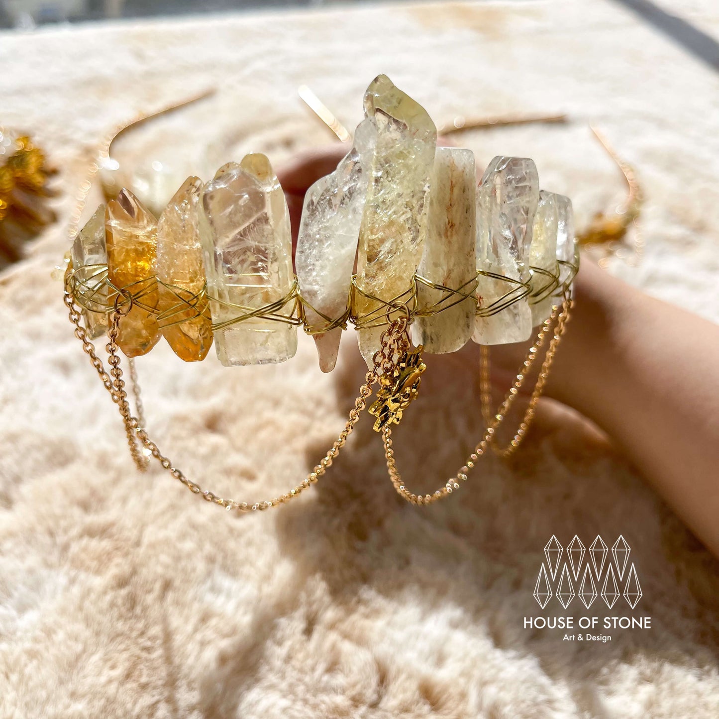 Natural Crystal Citrine Quartz Crown/Citrine Chips Festival Healing Tiara/Witch Crystal Chain Crown/Wedding Bride Jewelry Headband Gift