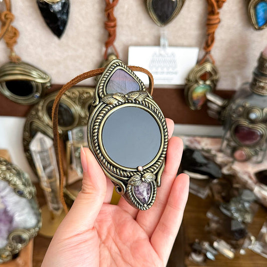 Handmade Natural Black Obsidian Pendant Necklace/Magic Obsidian Mirror Crystal Pendant/Scrying Mirror Labradorite Jewelry/Altar Tool