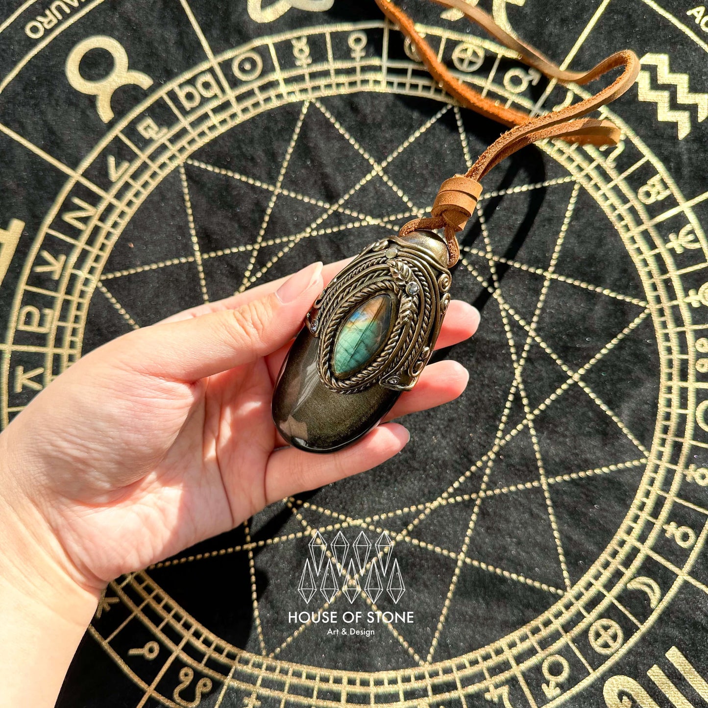 Natural Handmade Gold Sheen Obsidian Pendant Necklace/Magic Crystal Double-sided Pendant/Labradorite Necklace/Root Chakra/Manifest Altar Tool