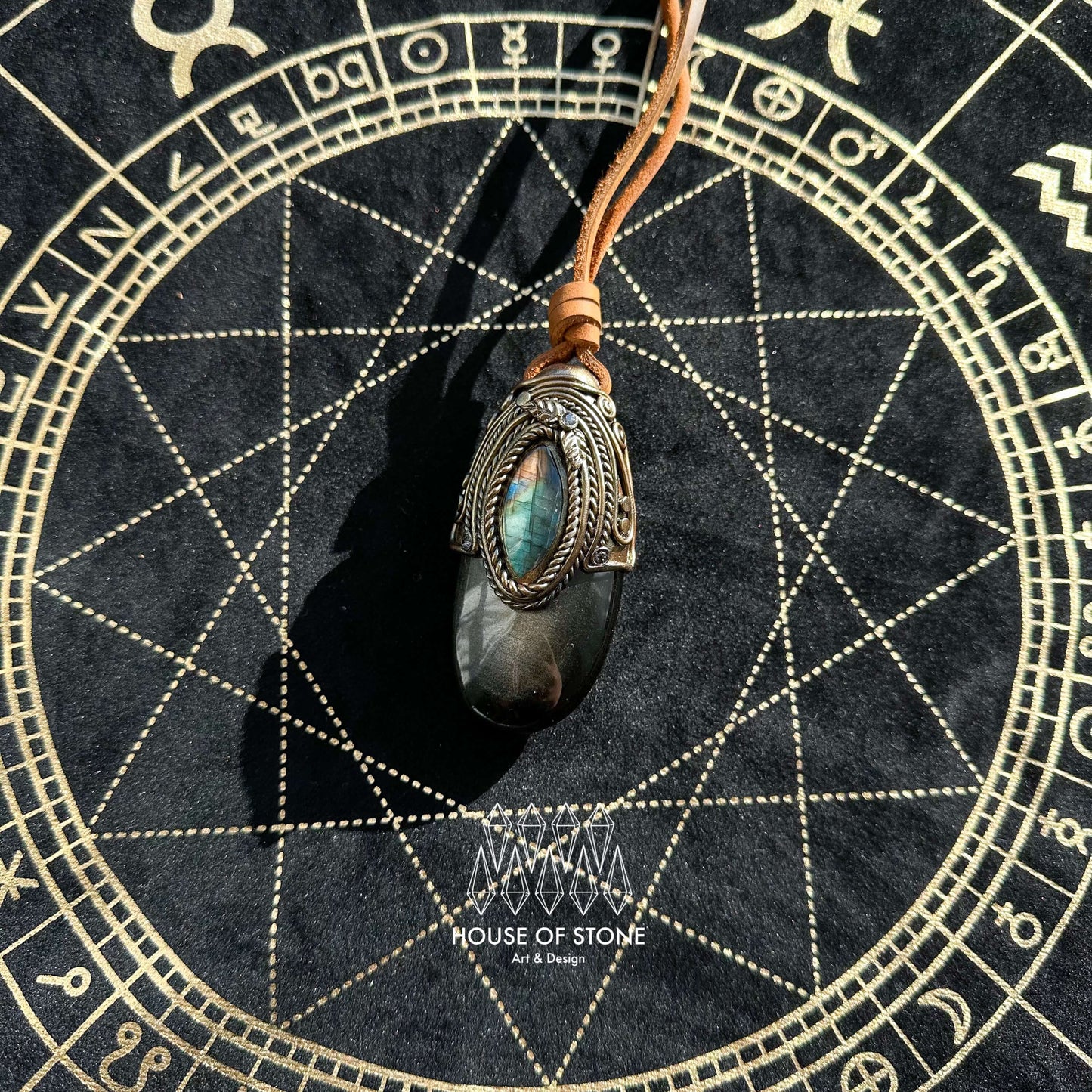 Natural Handmade Gold Sheen Obsidian Pendant Necklace/Magic Crystal Double-sided Pendant/Labradorite Necklace/Root Chakra/Manifest Altar Tool