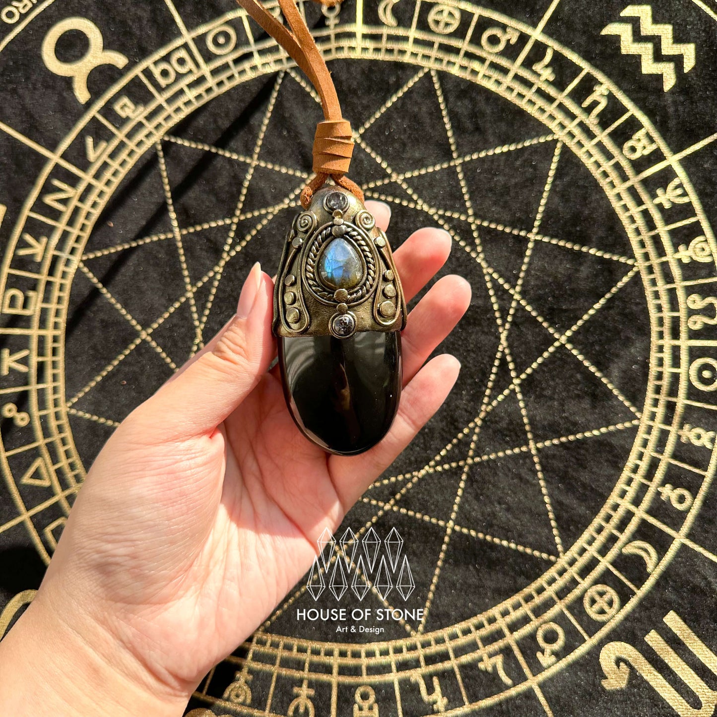 Natural Handmade Gold Sheen Obsidian Pendant Necklace/Magic Crystal Double-sided Pendant/Labradorite Necklace/Root Chakra/Manifest Altar Tool