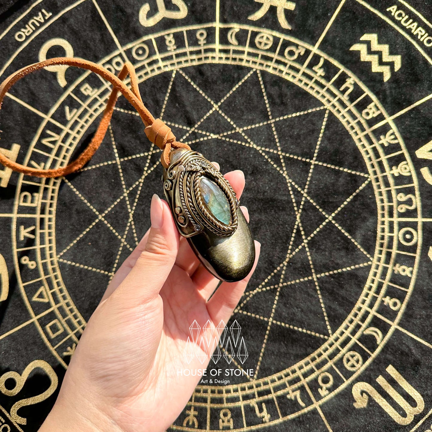 Natural Handmade Gold Sheen Obsidian Pendant Necklace/Magic Crystal Double-sided Pendant/Labradorite Necklace/Root Chakra/Manifest Altar Tool