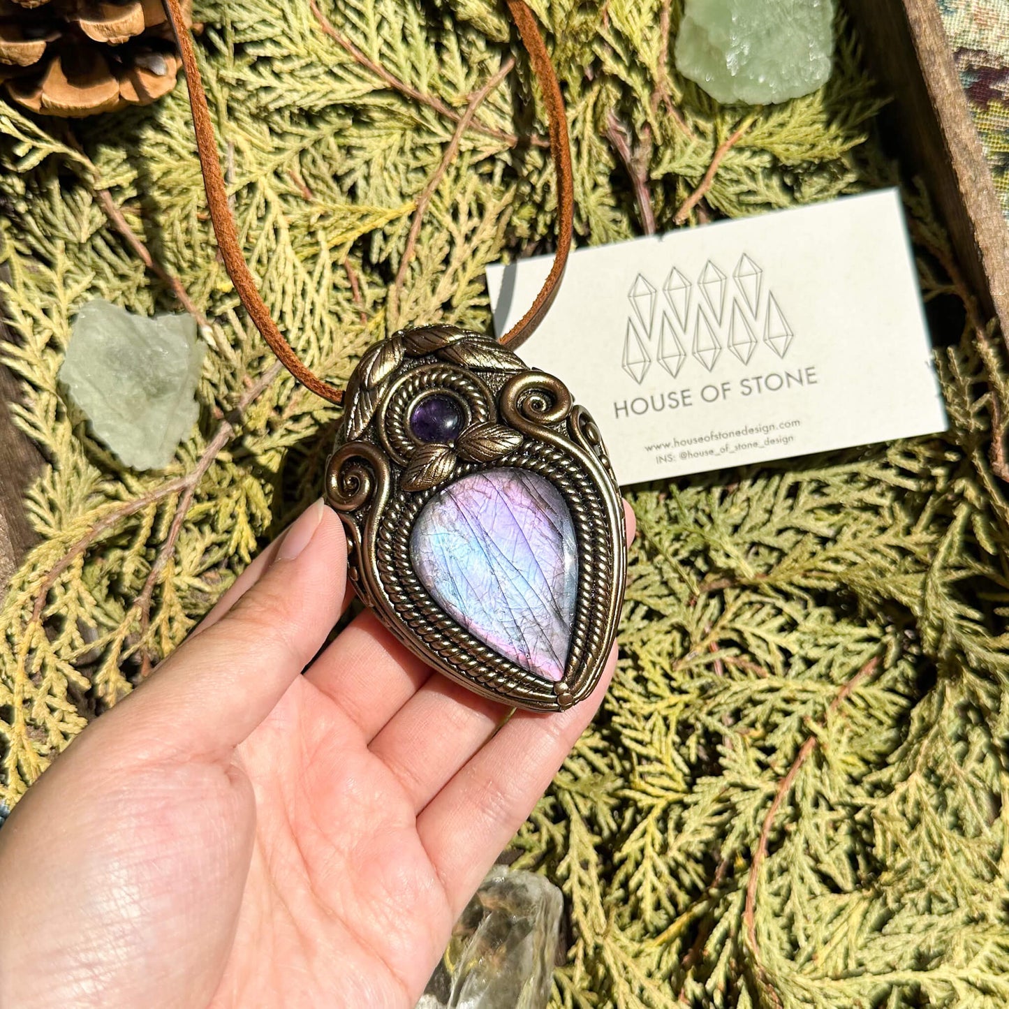 Natural Handmade Labradorite Pendant Necklace/Magic Labradorite Crystal Double-sided Pendant/Amethyst Labradorite Jewelry/Chakra/Altar Tool