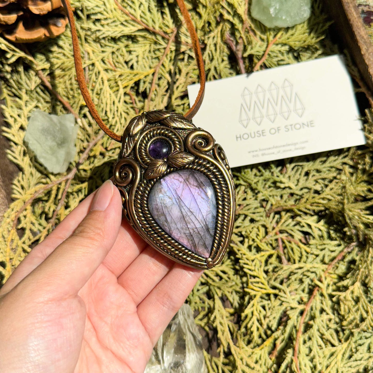 Natural Handmade Labradorite Pendant Necklace/Magic Labradorite Crystal Double-sided Pendant/Amethyst Labradorite Jewelry/Chakra/Altar Tool