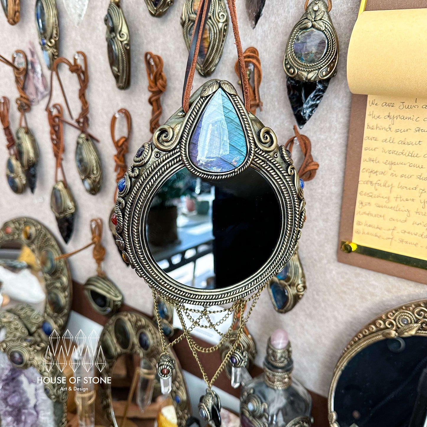 Handmade Natural Black Obsidian Crystal Wall Hanging Decor/Magic Obsidian Mirror Spiritual Window Interior Room Hangings/Scrying Mirror Door Hanging/Altar Tool