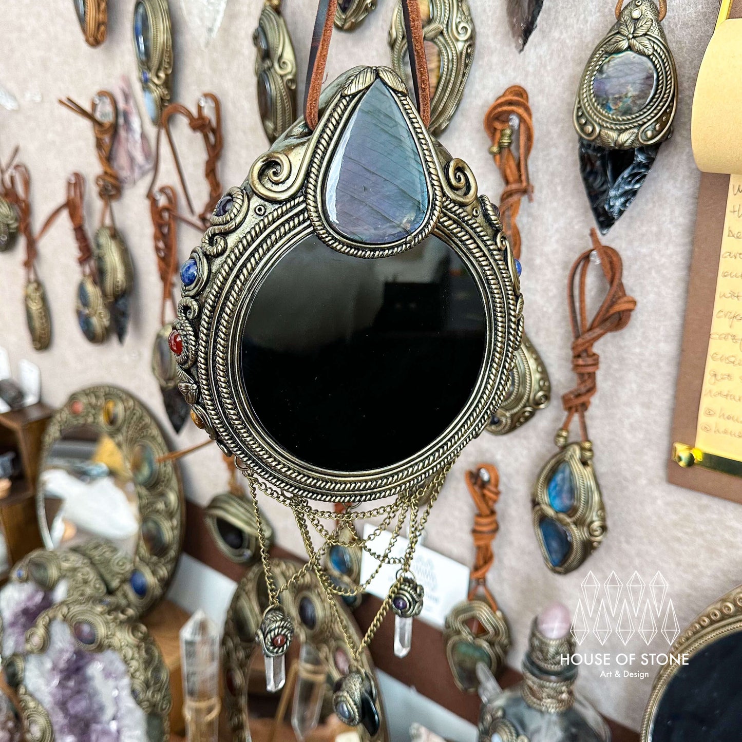 Handmade Natural Black Obsidian Crystal Wall Hanging Decor/Magic Obsidian Mirror Spiritual Window Interior Room Hangings/Scrying Mirror Door Hanging/Altar Tool