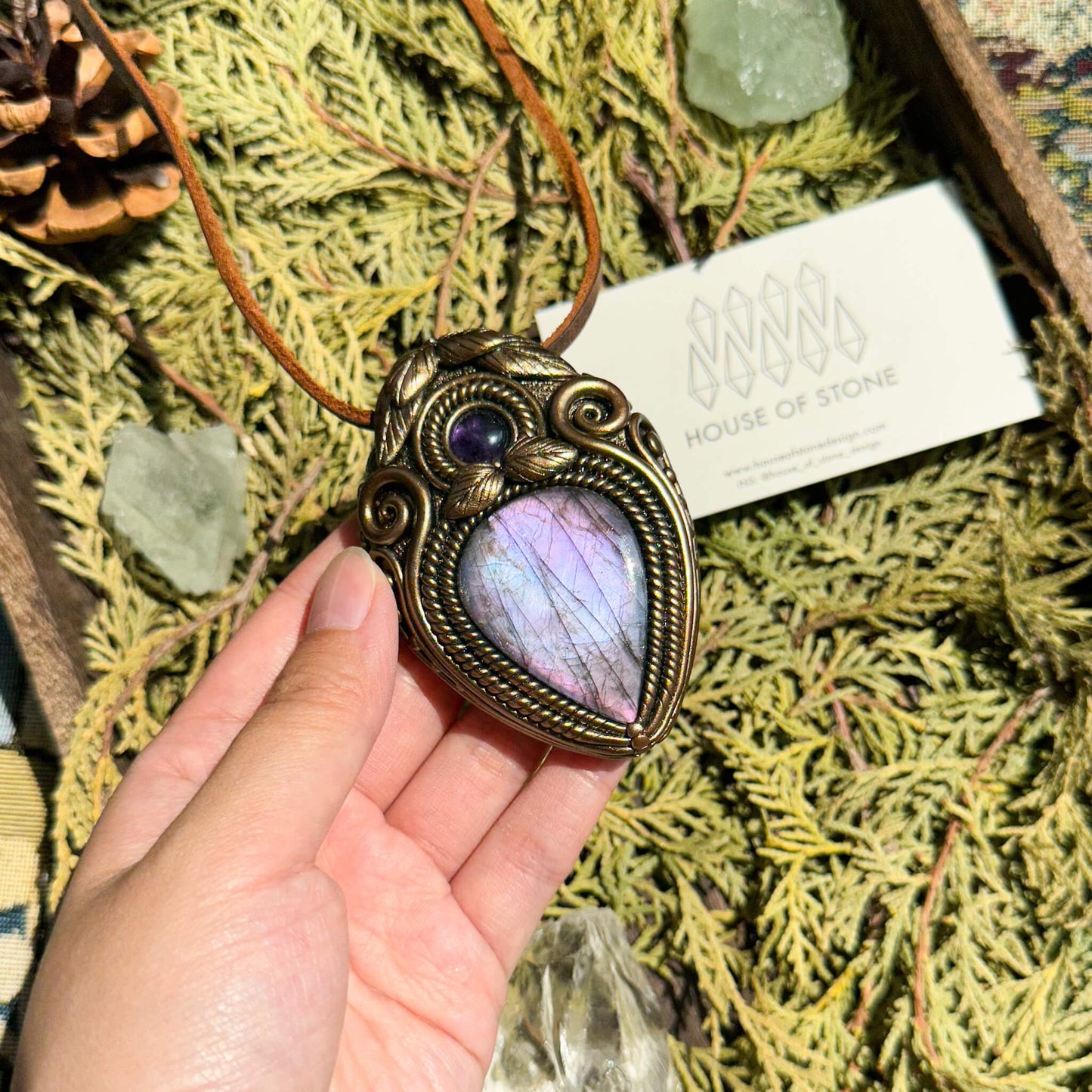 Natural Handmade Labradorite Pendant Necklace/Magic Labradorite Crystal Double-sided Pendant/Amethyst Labradorite Jewelry/Chakra/Altar Tool
