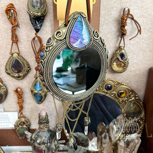 Handmade Natural Black Obsidian Crystal Wall Hanging Decor/Magic Obsidian Mirror Spiritual Window Interior Room Hangings/Scrying Mirror Door Hanging/Altar Tool