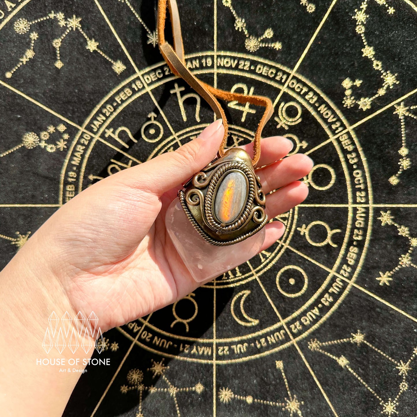 Natural Handmade Rose Quartz Pendant Necklace/Magic Crystal Double-sided Pendant/Labradorite Jewelry/Chakra Healing/Altar Tool