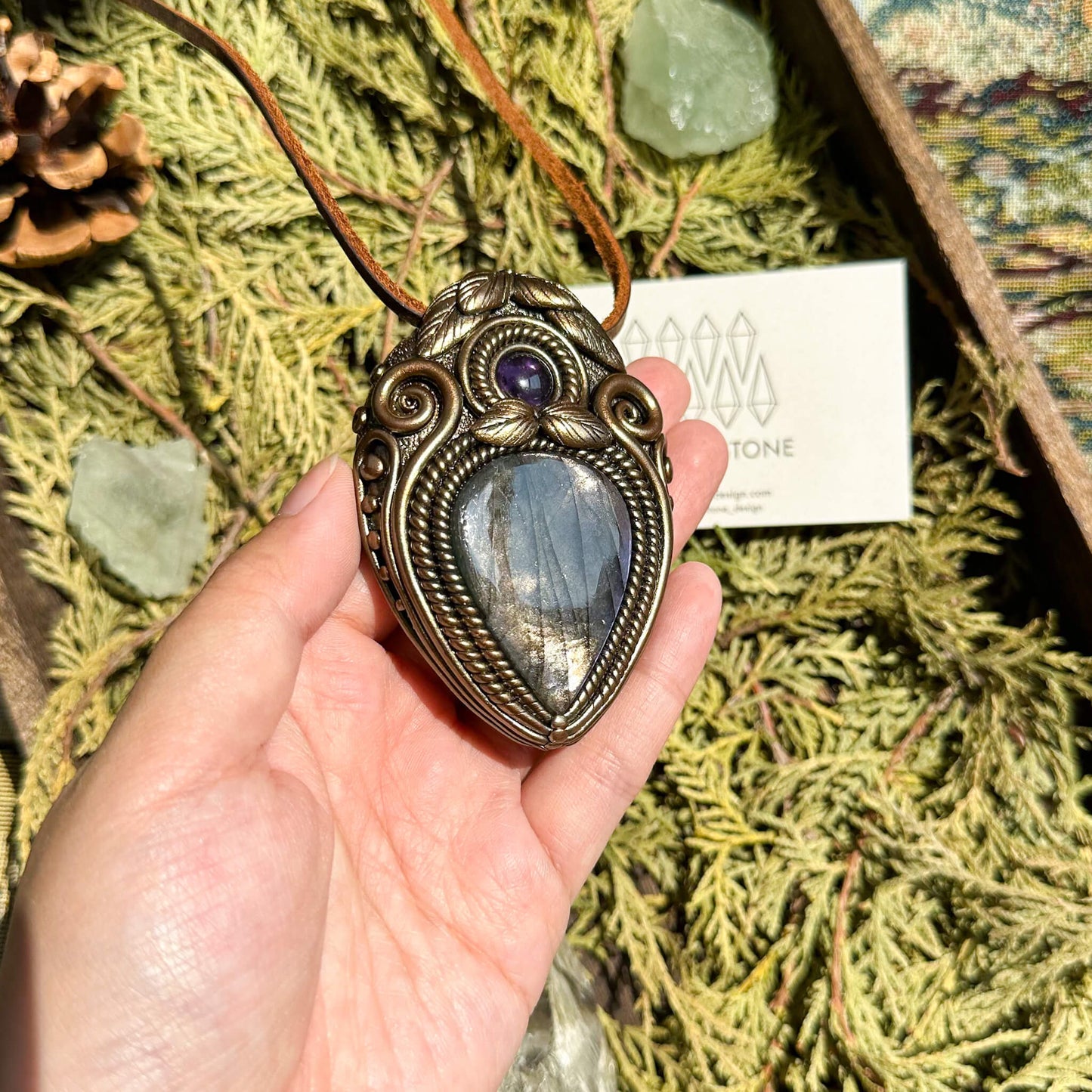 Natural Handmade Labradorite Pendant Necklace/Magic Labradorite Crystal Double-sided Pendant/Amethyst Labradorite Jewelry/Chakra/Altar Tool